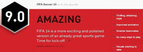 《FIFA14》IGN评分出炉 9分神作登顶