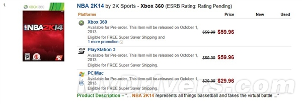 《NBA 2K14》发售时间和售价曝光